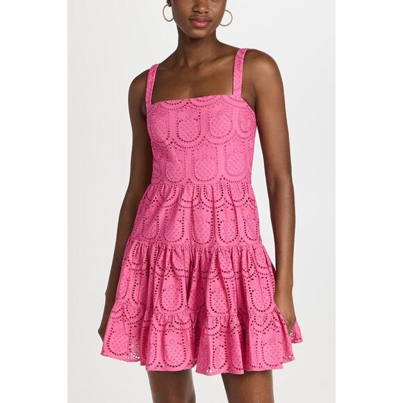 BORGO DE NOR Freddie Mini Dress Pink Eyelet Tiered Fit Flare Sleeveless 4-6 - Picture 1 of 7